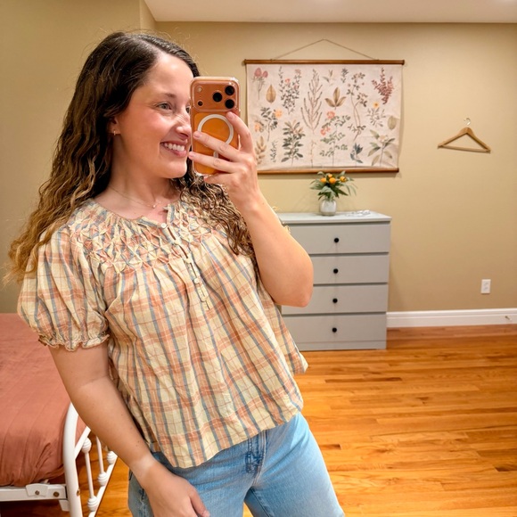 THE GREAT. Tops - THE GREAT. Red Cream Plaid Smocked Blouse Top 1 Small